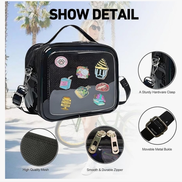 Black Transparent Crossbody Bag with Pin Display. Added Free Pins With Purchase. - Picture 11 of 15